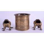 AN 18TH CENTURY INDIAN PERSIAN BRONZE MORTAR together with a pair of Indian toad censers. 9 cm & 6