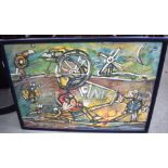 SCHOOL OF KAREL APPEL (1921-2006) FRAMED DUTCH OIL ON CARD, clockwork mice and a windmill, indistin