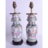 A PAIR OF 19TH CENTURY CHINESE CANTON FAMILLE ROSE VASES Qing, converted to lamps. Vase 25 cm high.