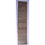 A 19TH CENTURY ENGLISH EMBROIDERED SAMPLER decorated with letters and foliage. 92 cm x 20 cm.