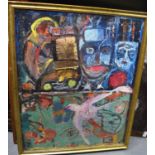 SCHOOL OF VLADIMIR YAKOVLEV (1934-1998) FRAMED RUSSIAN ABSTRACT OIL ON BOARD COLLAGE ,figures and