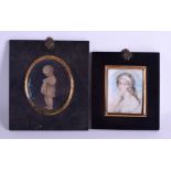 AN EARLY 19TH CENTURY PAINTED IVORY PORTRAIT MINIATURE together with a miniature of a putti. 7 cm x