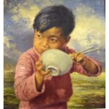 R BELLER (20th century) CHINESE SCHOOL FRAMED OIL ON CANVAS, signed & dated 1957, a child eating ri