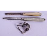 TWO SILVER FRUIT KNIVES and a silver brooch. (3)