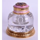 A CONTINENTAL SILVER PINK ENAMEL AND CRYSTAL INKWELL. 7 cm x 9 cm.