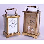 TWO BRASS CARRIAGE CLOCKS. 17 cm & 15 cm high inc handle. (2)