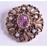 AN ANTIQUE GOLD PEARL AND AMETHYST BROOCH. 9.8 grams. 3 cm wide.