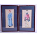 A PAIR OF 19TH CENTURY CHINESE FRAMED WATERCOLOURS depicting a male and female. Image 12 cm x 27 cm