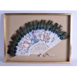 AN EARLY 20TH CENTURY CHINESE BONE WATERCOLOUR AND PEACOCK FEATHER FAN. Fan 49 cm wide