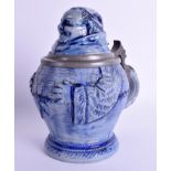 A RARE ANTIQUE GERMAN SALT GLAZED STEIN TANKARD in the form of a rotund monk. 18 cm x 13 cm.