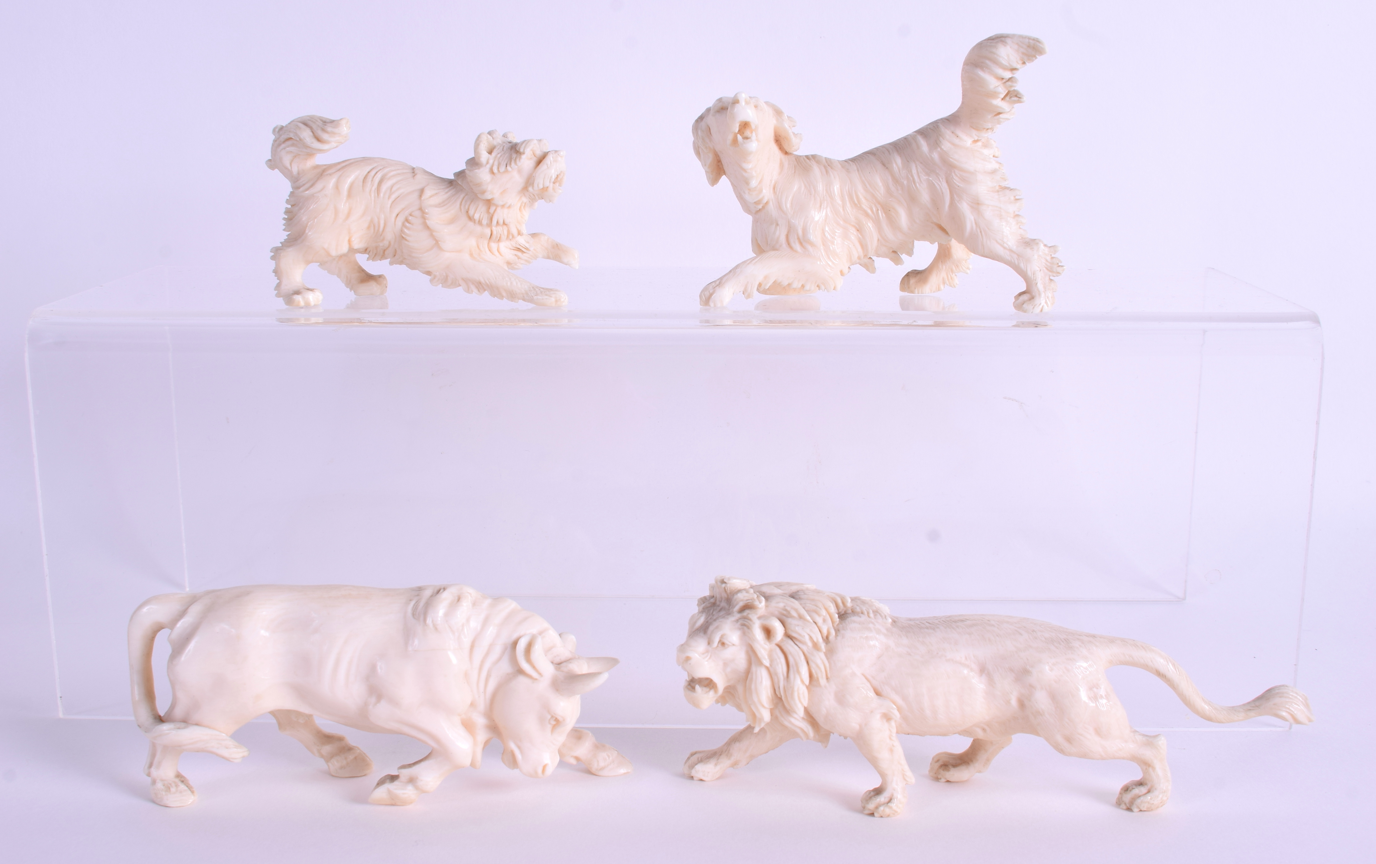 A RARE SET OF FOUR 19TH CENTURY EUROPEAN CARVED IVORY ANIMALS in various forms. Largest 12 cm wide.