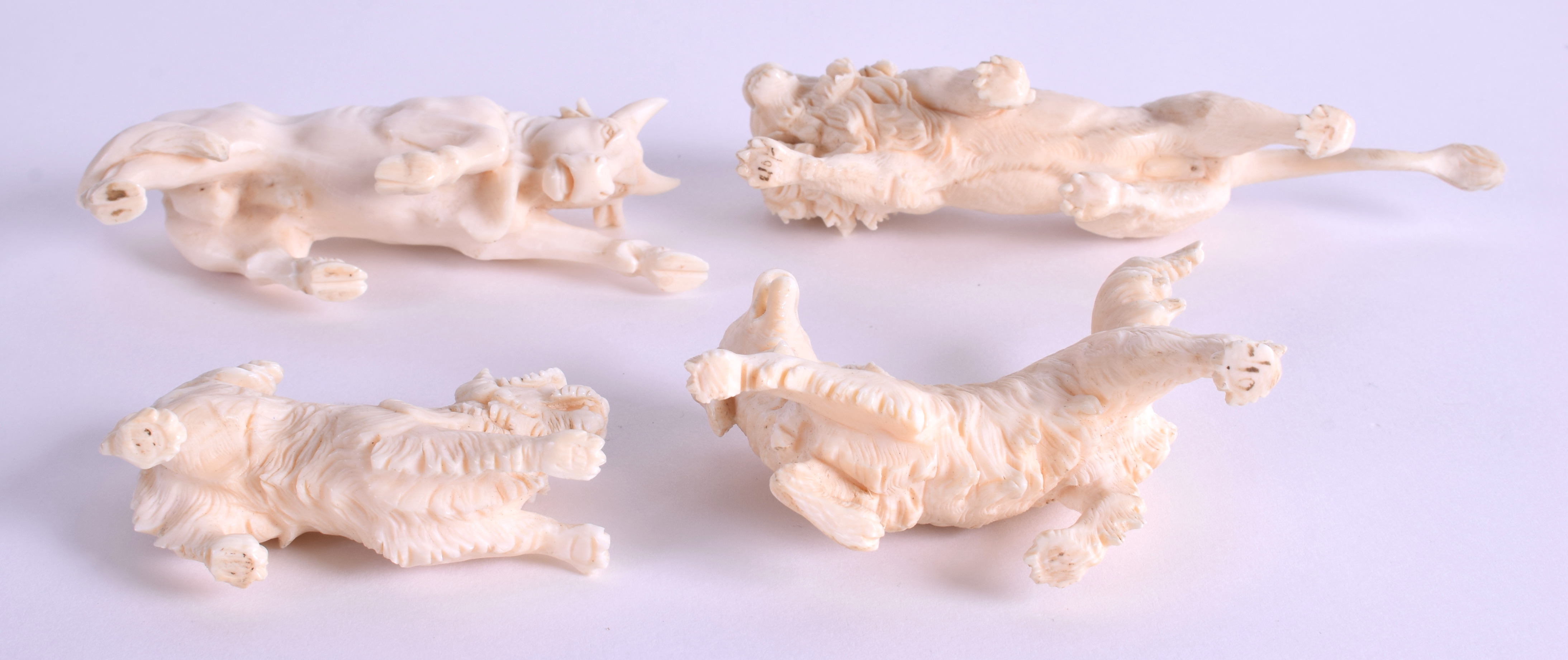 A RARE SET OF FOUR 19TH CENTURY EUROPEAN CARVED IVORY ANIMALS in various forms. Largest 12 cm wide. - Image 3 of 3
