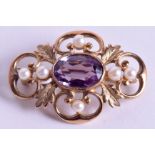 AN ANTIQUE 9CT GOLD AMETHYST AND PEARL PENDANT. 7.7 grams. 3.5 cm x 2.75 cm.