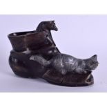 A COLD PAINTED BRONZE CAT AND MOUSE BOOT. 15 cm wide.