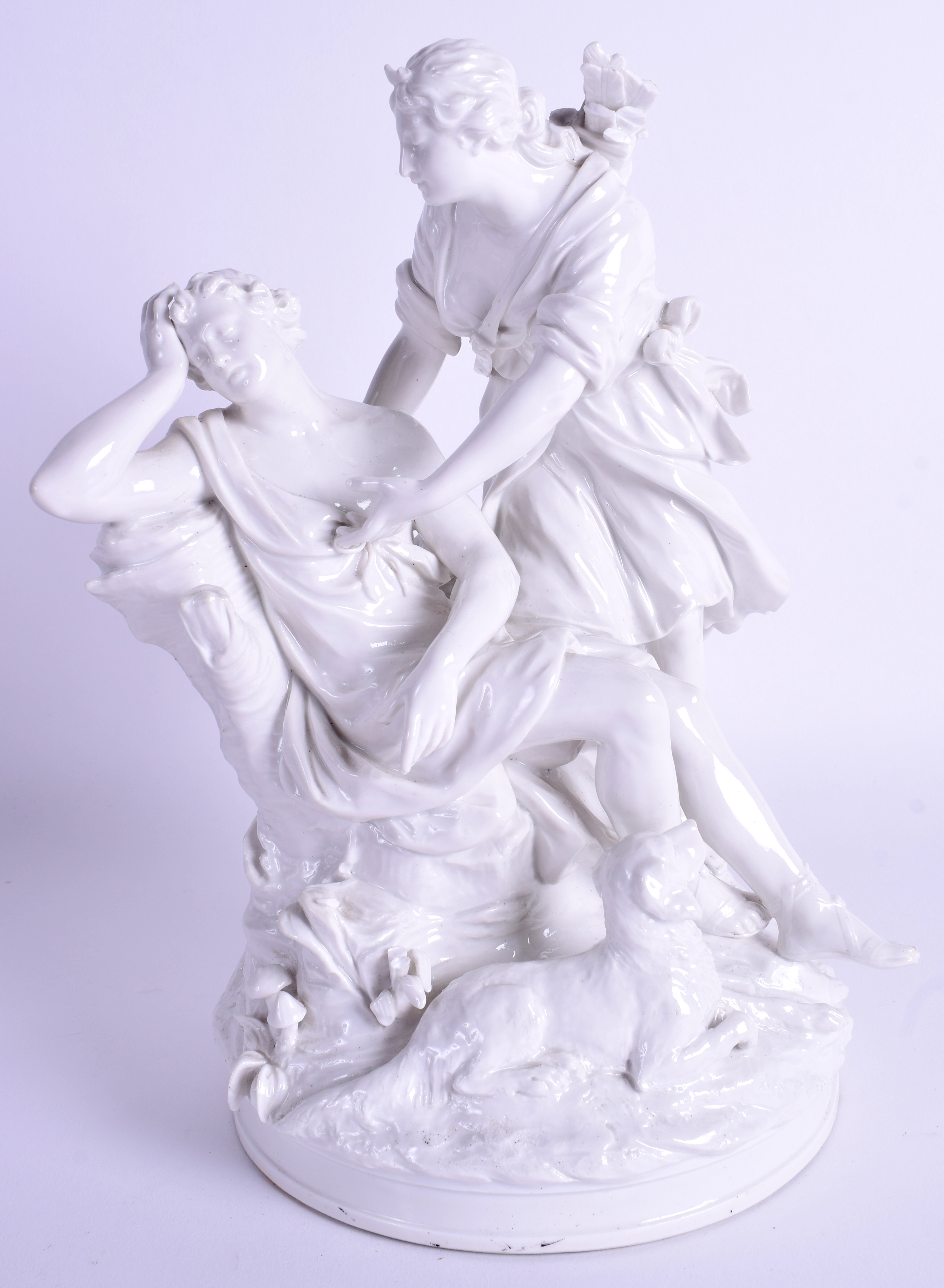 A LARGE 19TH CENTURY ITALIAN WHITE GLAZED FIGURAL GROUP depicting a winged female beside a fallen m