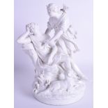 A LARGE 19TH CENTURY ITALIAN WHITE GLAZED FIGURAL GROUP depicting a winged female beside a fallen m