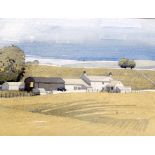 BRITISH SCHOOL (Mid 20th century) UNFRAMED WATERCOLOUR, a farm in a landscape, unsigned. 25 cm x 32