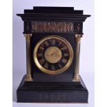 A GOOD LARGE ANTIQUE EIGHT BELL STRIKING SLATE MANTEL CLOCK decorated with classical figures in rel