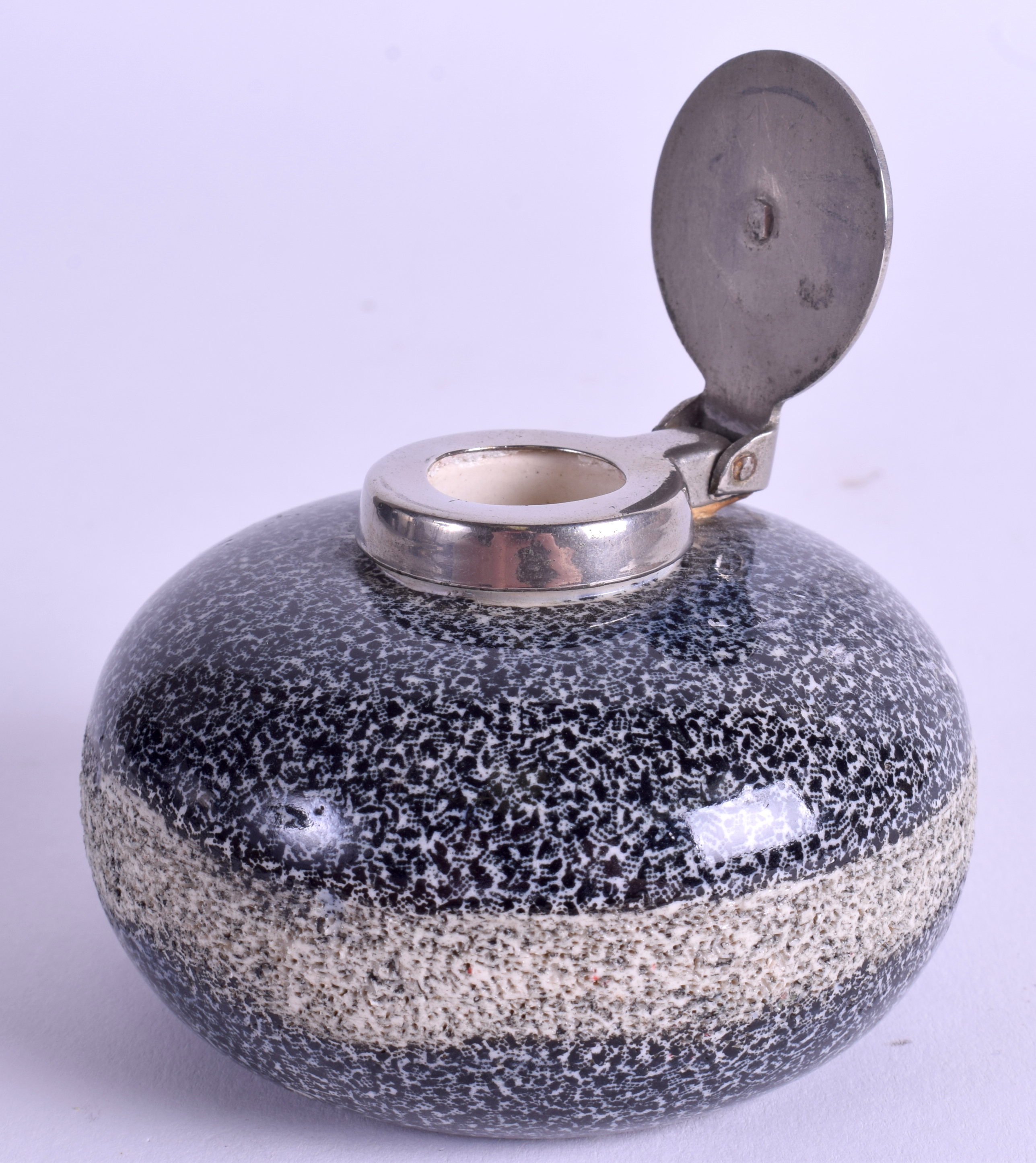 A miniature curling stone inkwell, the coloured ceramic body with a hinged nickel mount, Scottish, - Image 2 of 3