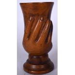 AN ANTIQUE PITCAIRN ISLAND WOODEN GOBLET, “Hand of Friendship”. 16.5 cm high.