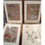 A SET OF FOUR CHINESE WATERCOLOUR ON SILK PAINTING, framed and depicting foliage. 41 cm x 31 cm.