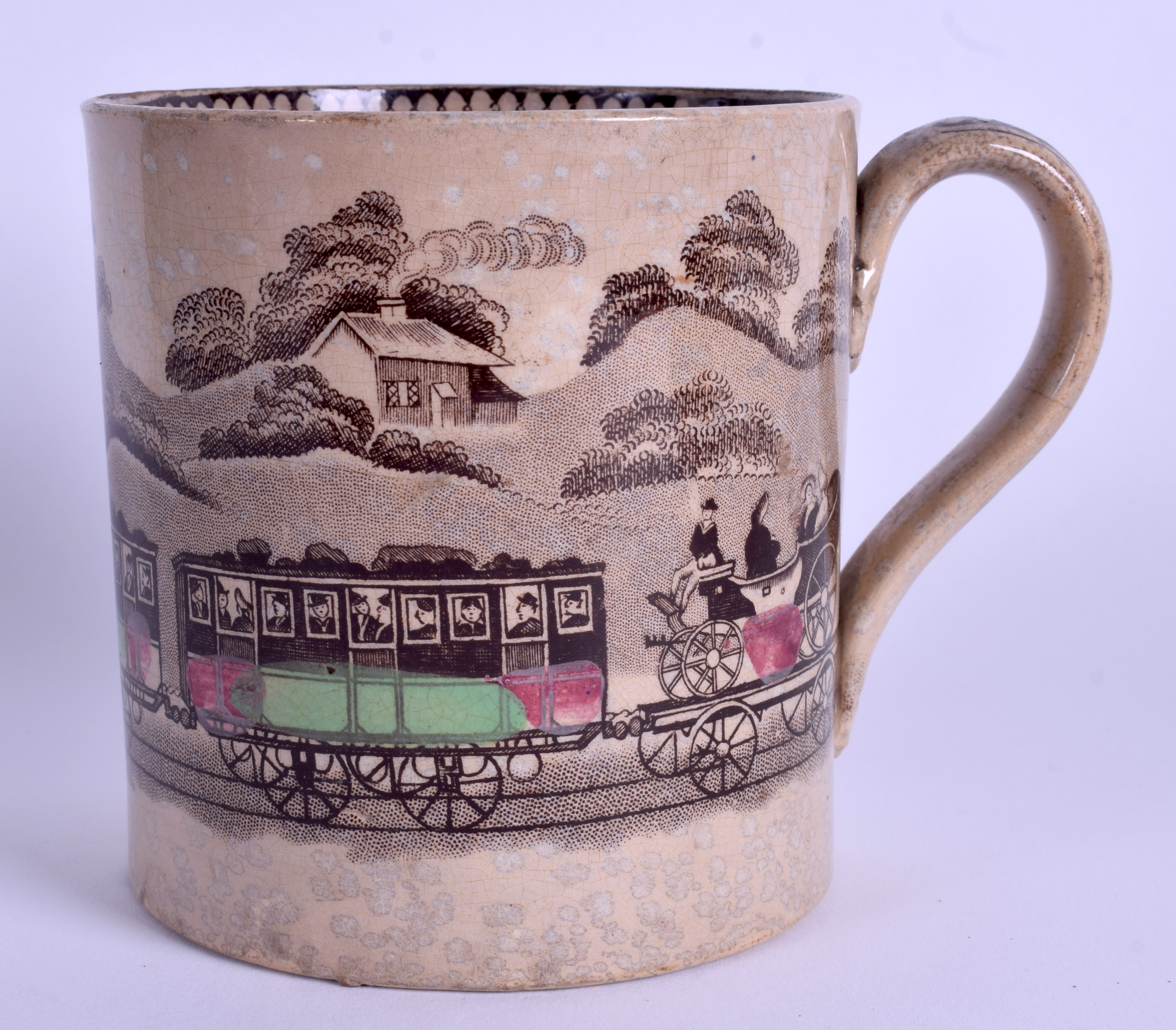A RARE 19TH CENTURY STAFFORDSHIRE PRINTED TANKARD decorated with a locomotive. 12 cm x 10 cm.