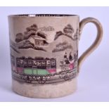 A RARE 19TH CENTURY STAFFORDSHIRE PRINTED TANKARD decorated with a locomotive. 12 cm x 10 cm.