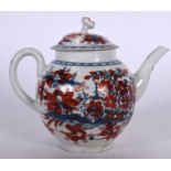 AN 18TH CENTURY BLUE AND WHITE WORCESTER PORCELAIN TEA POT, overlaid with red foliage. 19 cm wide.