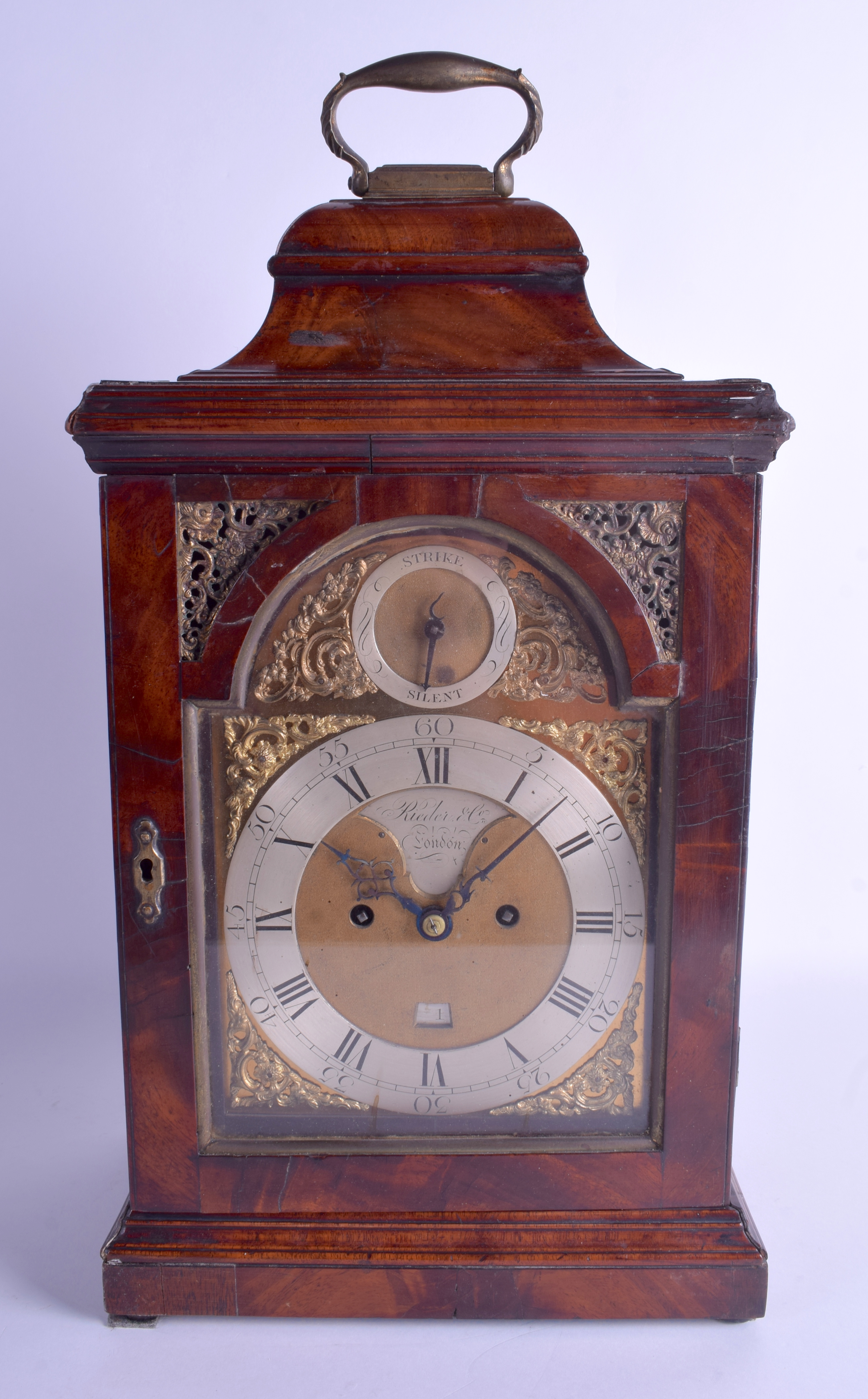 A GEORGE III RIEDER & CO LONDON MAHOGANY BRACKET CLOCK C1780 with silvered dial and brass overlay.