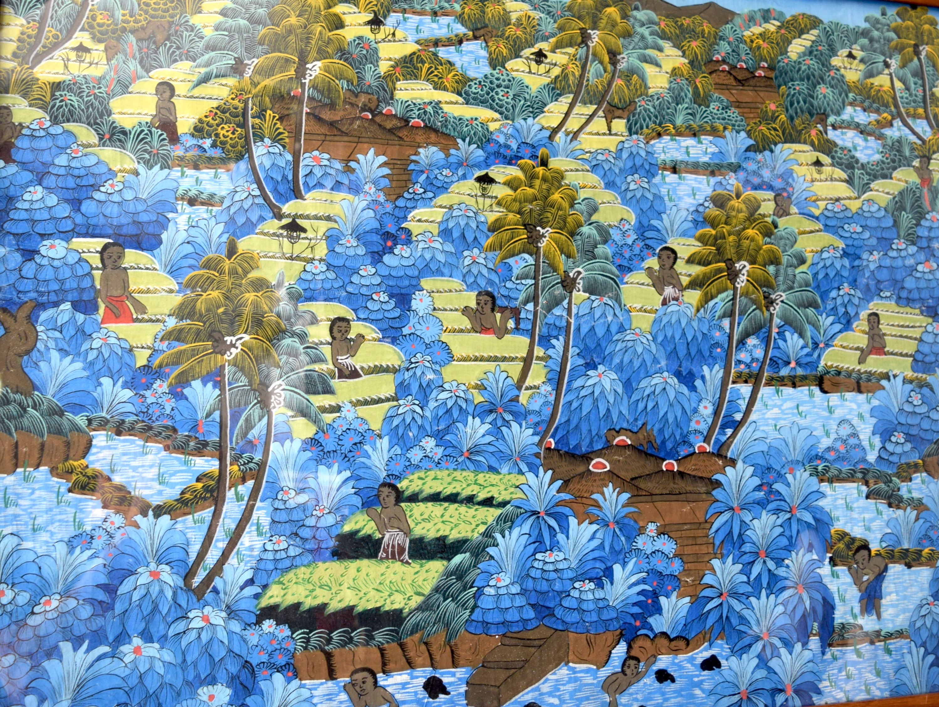 A VINTAGE BALINESE PAINTING ON FABIC, “Rice Fields”, signed Rai. 65 cm x 87 cm.