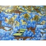 A VINTAGE BALINESE PAINTING ON FABIC, “Rice Fields”, signed Rai. 65 cm x 87 cm.