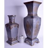 TWO LARGE 1920S CHINESE PEWTER VASES. 62 cm & 45 cm high. (2)