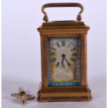 AN EARLY 20TH CENTURY SEVRES PORCELAIN INSET CARRIAGE CLOCK, painted with females in landscapes. 9.