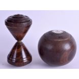 A Victorian turned lignum diabolo, 14cm long, together with a turned lignum lawn bowl, each end ins