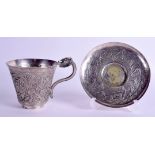 A GOOD 19TH CENTURY CHINESE EXPORT SILVER CUP ON STAND decorated with figures and landscapes. 178 g