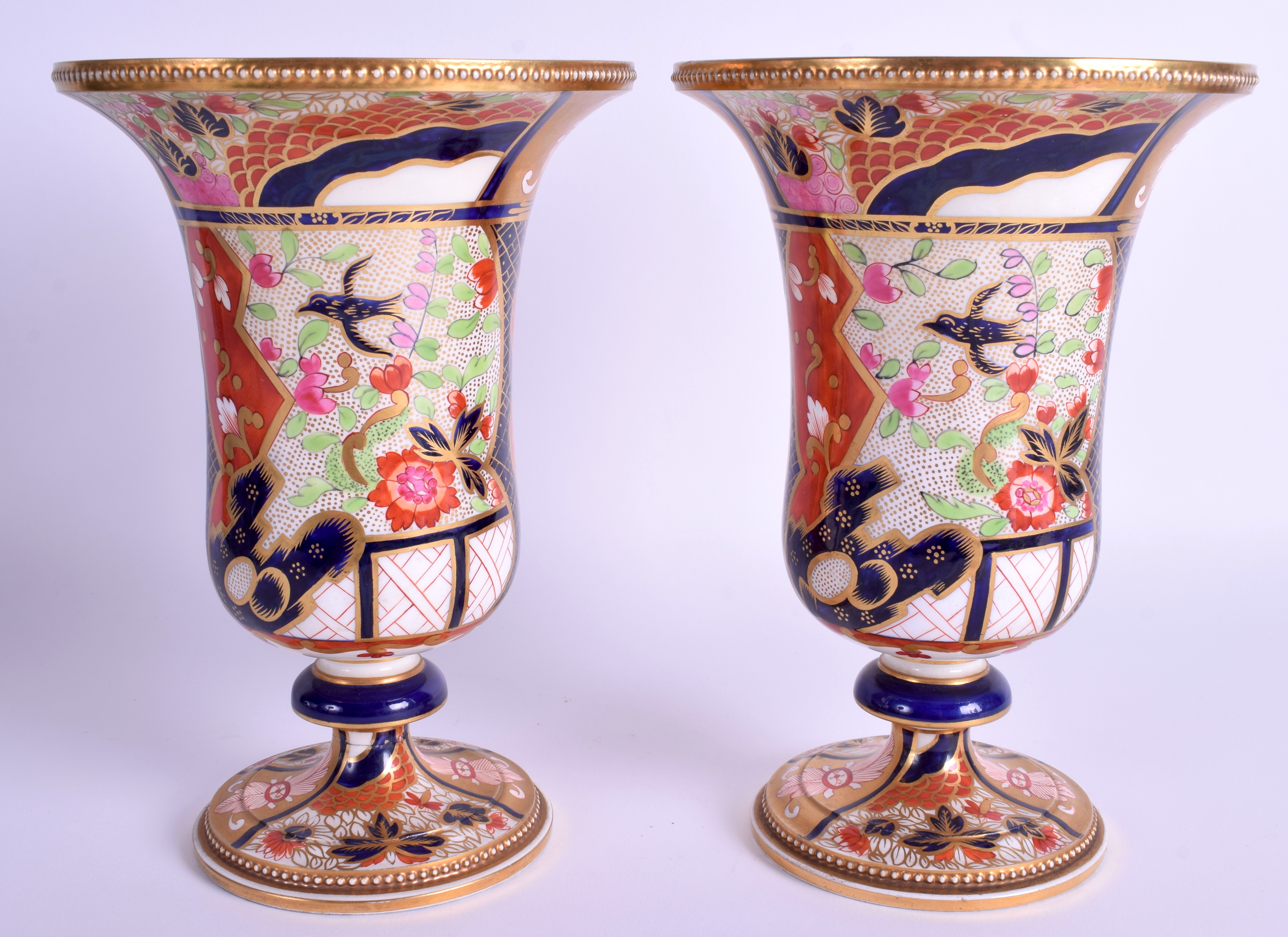 A GOOD PAIR 19TH CENTURY SPODE COPELAND GOBLET VASES painted with bright imari tones. 21 cm x 12 cm - Image 2 of 4