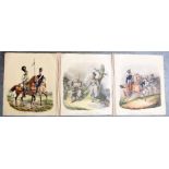 EIGHT HAND COLOURED MILITARY WATERCOLOUR ON CLOTH, depicting various scenes. Each 32 cm x 26 cm.