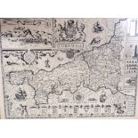 AN ANTIQUE FRAMED MAP OF CORNWALL. 35 cm x 44 cm.