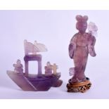 AN EARLY 20TH CENTURY CHINESE CARVED AMETHYST BOAT together with an amethyst Guanyin. 9 cm & 14 cm