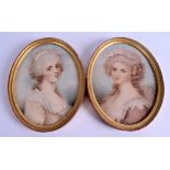 A PAIR OF 19TH CENTURY EUROPEAN WATERCOLOURS depicting pretty females. Image 12 cm x 14 cm.