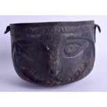 A 19TH CENTURY INDIAN COPPER ALLOY ANIMAL TRIBAL CENSER decorated with cat like mask heads. 16 cm x