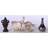 AN EARLY 20TH CENTURY INDIAN CARVED IVORY CART, together with a bronze figure of Ganesha and a Dan