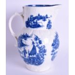 AN 18TH CENTURY CAUGHLEY CABBAGE LEAF MOULDED JUG printed with the fisherman pattern. 19 cm high.