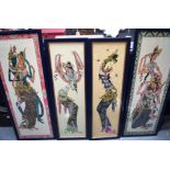 FOUR VINTAGE BALINESE PAINTINGS, depicting elongated dancers. Larger 2 88 cm x 30 cm. (4)