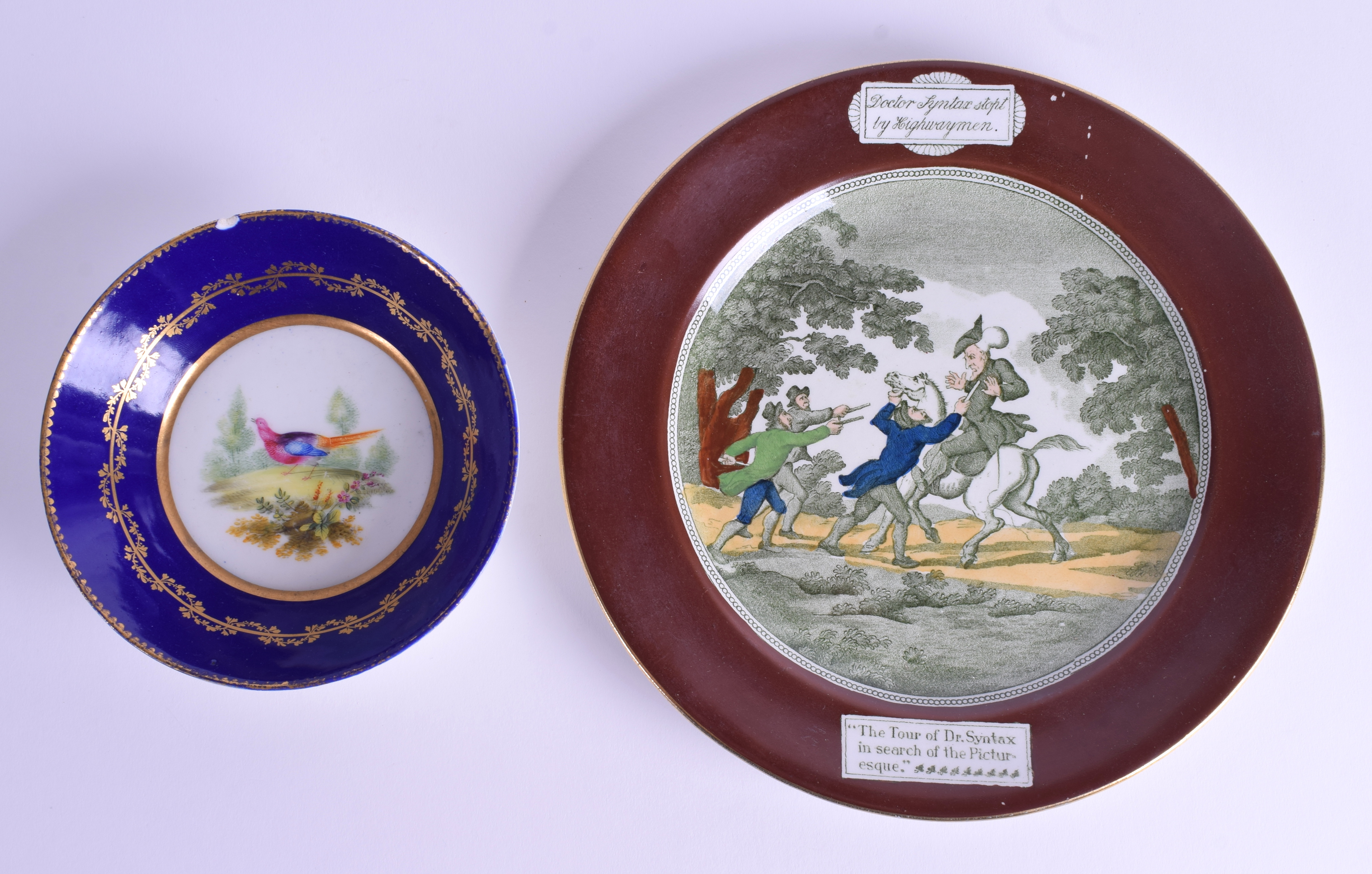 AN 18TH CENTURY SEVRES PORCELAIN SAUCER together with an unusual Dr Syntax plate. 13 cm & 21 cm wid