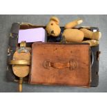 A VINTAGE TEDDY BEAR, together with a watering can etc. (qty)