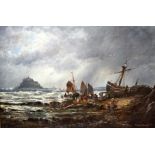 FRANZ HOEPFNER (1853-1893) GERMAN OIL ON BOARD, signed, shipwreck in a coastal landscape. 39.5 cm x