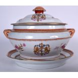 A CHINESE EXPORT FAMILLE ROSE PORCELAIN TUREEN AND STAND, decorated with a crest and pink foliage.