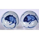 A PAIR OF EARLY 20TH CENTURY CHINESE BLUE AND WHITE PORCELAIN DISH, painted with a fish. 14.25 cm w