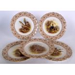 A SET OF FIVE ROYAL WORCESTER PORCELAIN PLATES, decorated with birds in landscapes. 23 cm wide. (5)